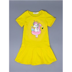Платье трикотажное для девочки с рукавами, пони-единорог с кругом "фламинго", желтый