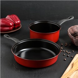 Набор посуды, 2 предмета : ковш d=18 см, сковорода d=24 см, антипригарное покрытие, цвет красный