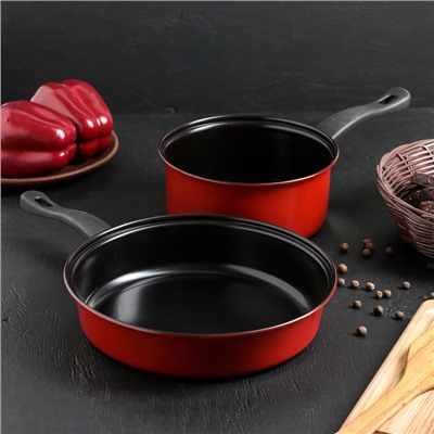 Набор посуды, 2 предмета : ковш d=18 см, сковорода d=24 см, антипригарное покрытие, цвет красный