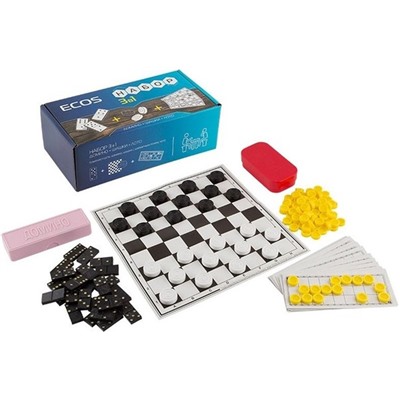 Набор "3 в 1": шашки, домино, лото (02-136 / 006043) с шахматным полем