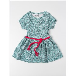 Платье трикотажное с коротким рукавом для девочки с поясом, мелкие цветочки, зеленый