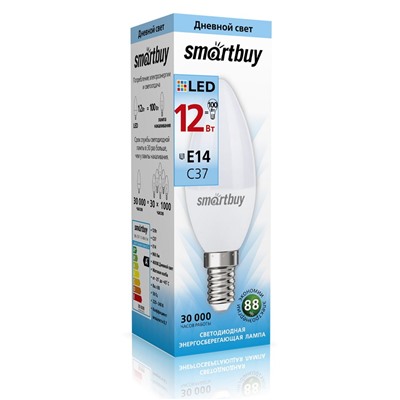 Лампа светодиодная, E14, C37, 12Вт, 4000К "Smartbuy" нейтральный белый свет, свеча