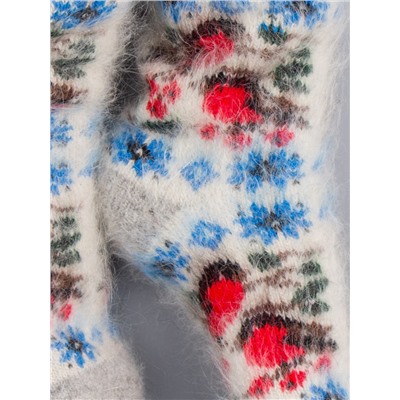 Носки вязаные женские пуховые, снегири, снежинки, молочный (козий пух)