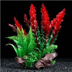 Растение искусственное аквариумное на платформе в виде коряги, 18 см, красно-зелёное