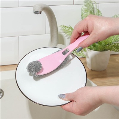 Губка для мытья посуды с ручкой Доляна, 24×5 см, металл, цвет МИКС