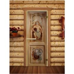 Дверь для бани и сауны, размер коробки 190 × 70 см, стекло 6 мм, 2 петли, фотопечать РБ-02