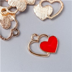 Декор для творчества металл, эмаль "Два сердца" красный с золотом 1,5х1,7 см