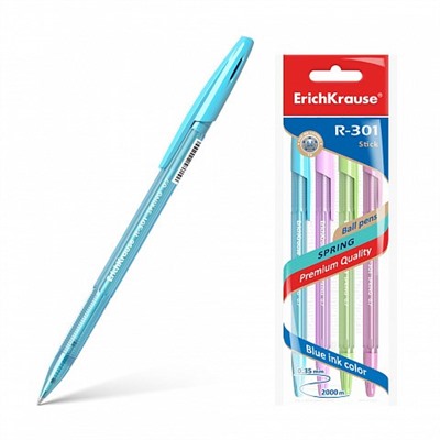 Набор ручек шар. ErichKrause "R-301 Spring Stick" 4шт., синие (33643) 0.7мм, полупрозрачный пастельный корпус, ассорти