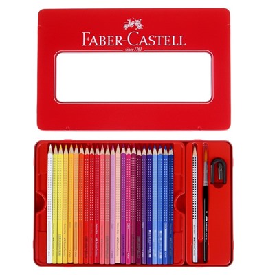 Карандаши цветные акварельные 48 цветов Faber-Castell GRIP 2001, трёхгранные с массажными шашечками, дополнительно: кисть, точилка, карандаш чернографитный, в металлическом пенале