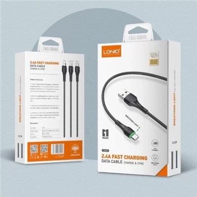 Кабель Type-C - USB, 1 м ("LDNIO" LS521, LD_B4513) Gray, 2.4A, LED-подсветка, медь - 86жил