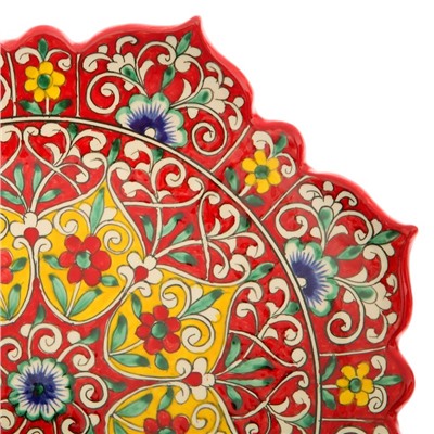 Ляган Риштанская Керамика "Цветы", 31 см, красный микс, рифлённый