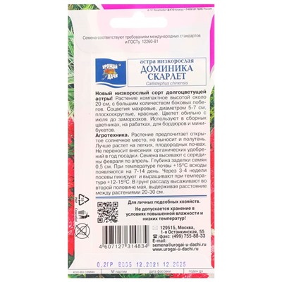 Семена цветов Астра "Доминика скарлет", низкорослая, 0,2 г