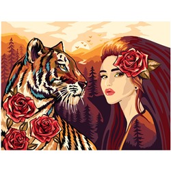 Картина по номерам на картоне "Девушка с тигром" 30*40см (КК_53807) ТРИ СОВЫ, с акриловыми красками