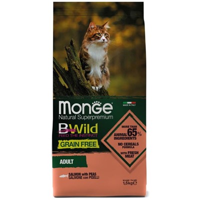 Сухой корм Monge Cat BWild GRAIN FREE для кошек, лосось, беззерновой, 1,5 кг.