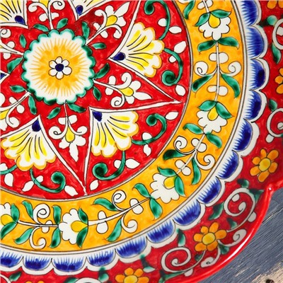 Ляган Риштанская Керамика "Цветы", 32 см, красный, рифлённый