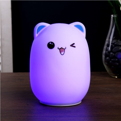 Ночник "Радостный котенок" LED RGB батарейки 3хААА МИКС 9х9х13 см.