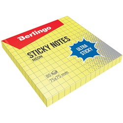 Блок самоклеящийся Berlingo "Ultra Sticky" 75*75мм 80л., в клетку, неоновый, желтый (LSn_39700, )