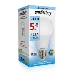 Лампа светодиодная, E27, A60,  5Вт, 4000К "Smartbuy" нейтральный белый свет