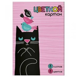 Набор цветного картона А4  8л 8цв. "ЧЁРНЫЙ КОТ" в папке 59660 Феникс {Россия}