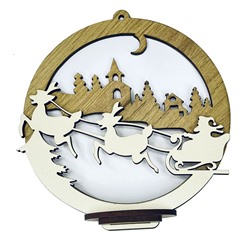 Новогоднее деревянное двуслойное елочное украшение Санта на оленях