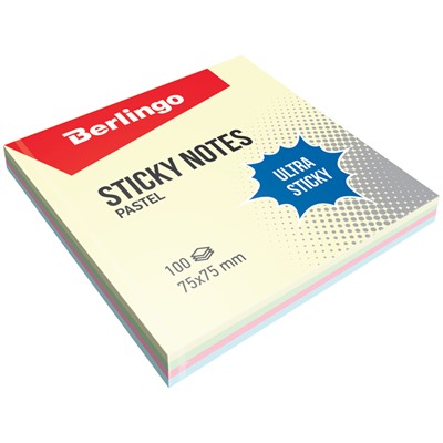 Блок самоклеящийся Berlingo "Ultra Sticky" 75*75мм 100л., 4 пастельных цвета (LSn_39601, )