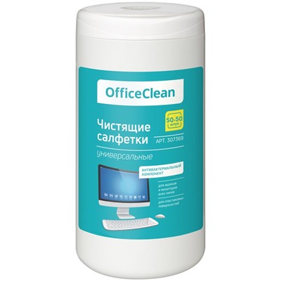 Чистящие салфетки OfficeClean влажные, для экранов и мониторов 50шт + для пластика 50шт., в тубе (307369)