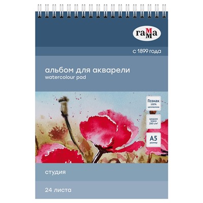 Альбом для акварели ГАММА А5 24л. на спирали, 200 г/м, среднее зерно "Студия" (50C01S724W)