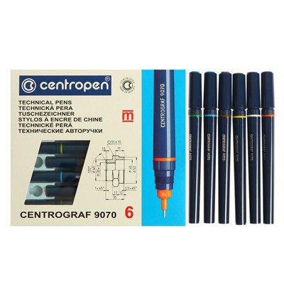 Набор 6 рапидографов Centropen 9070, линия: 0.25, 0.35, 0.50, 0,70, 1,0, 1,4 + тушь + держатель, пластиковый кейс