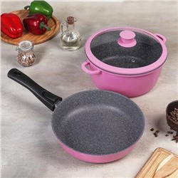 Набор посуды Casta Color, 2 предмета: сковорода d=24 см, съёмная ручка; кастрюля 4 л, стеклянная крышка, цвет розовый