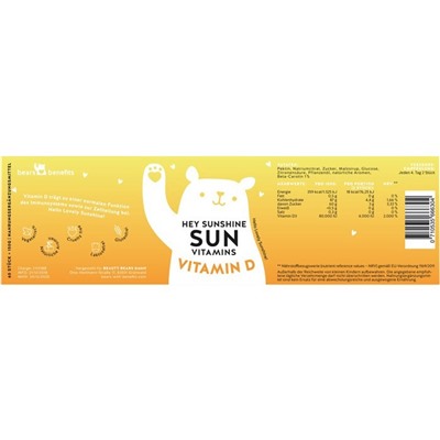 HEY SUNSHINE Sun Vitamins Vitamin-Gummibarchen Детские Жевательные Мишки с Витамином D3 1000 IE, 60шт.
