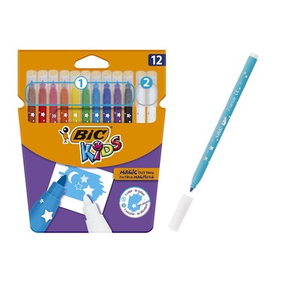 Фломастеры 10 цветов BIC Kids Magic и 2 обесцвечивающих, детские, стираемые