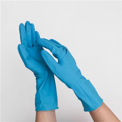 Перчатки латексные неопудренные Manual HR419, размер M, смотровые, нестерильные, текстурированные, 50 шт/уп, цена за 1 шт, цвет голубой