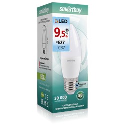 Лампа светодиодная, E27, C37,  9.5Вт, 4000К "Smartbuy" нейтральный белый свет, свеча