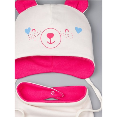 Шапка трикотажная для девочки с ушками на завязках, мишка + нагрудник, розовый