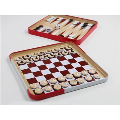 Магнитная игра «Шахматы, шашки, нарды», в жестяной коробочке