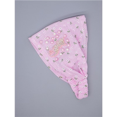 Косынка для девочки на резинке, белые цветы, сбоку розовая кошка из страз и бусинки, розовый