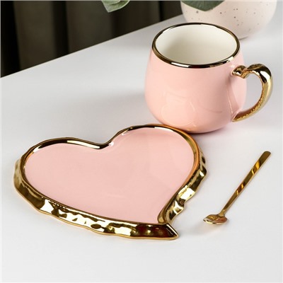 Чайная пара «Сердце», чашка 320 мл, блюдце 16,6 см, ложка, цвет розовый