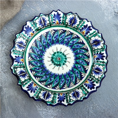 Тарелка Риштанская Керамика "Цветы", синяя, рельефная, 17см